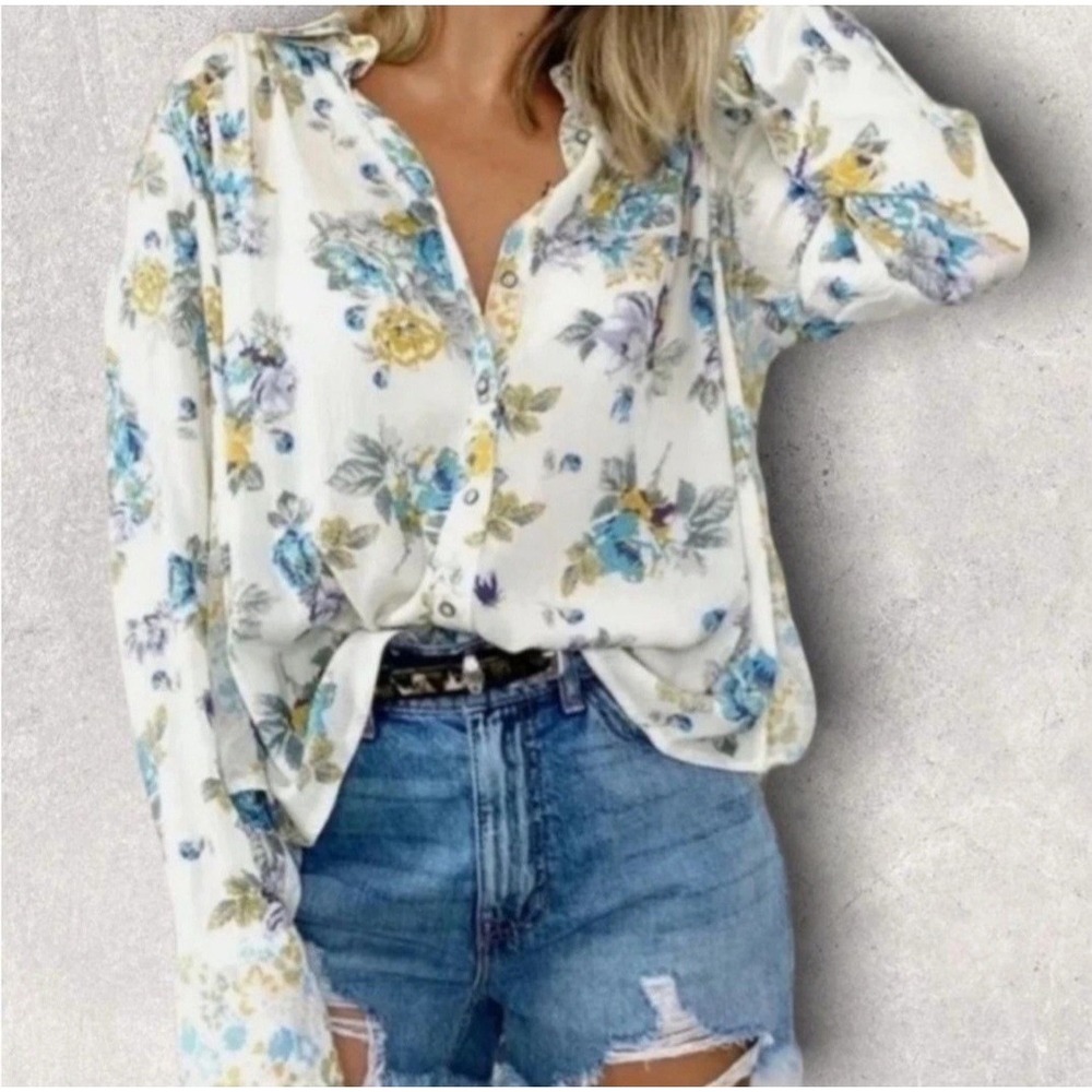 Free People Hold On To Me Floral Long Sleeve Blouse Size Large Lightweight